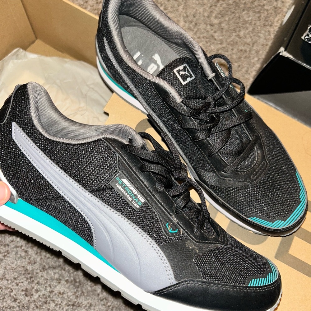 Mercedes Puma Black and Gray Sneakers with Teal Accents